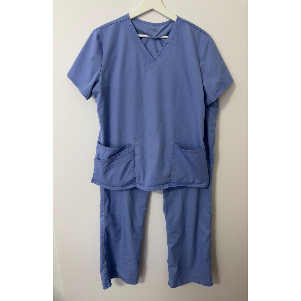 Cherokee Luxe Womens Scrubs Set Top & Pants Blue‎ Medium V Neck Cargo Pockets